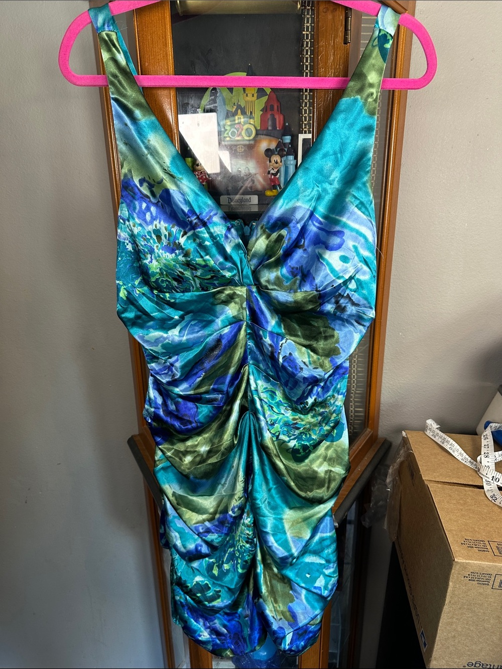 Xscape Teal and Blue Ruched V-Neck Evening Dress